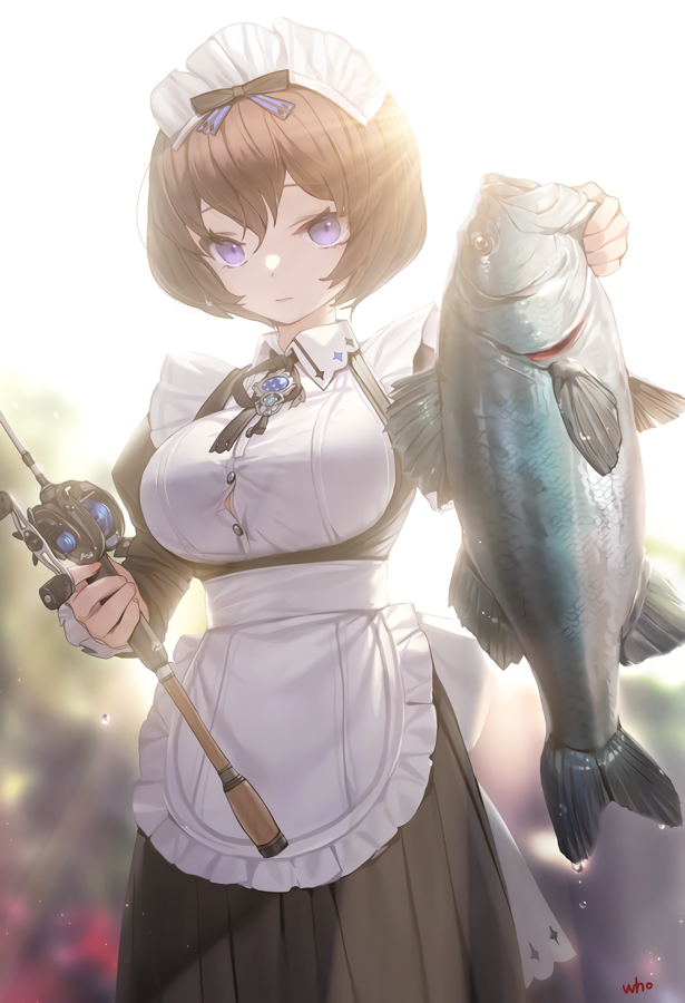 A properly-dressed maid with a decently large bust and a bob of dark hair stands with a fishing rod in one hand and a large, dripping-wet salmon in the other.  Her expression is blank and the buttons in her shirt produce a small gap revealing a tiny sliver of her breasts.